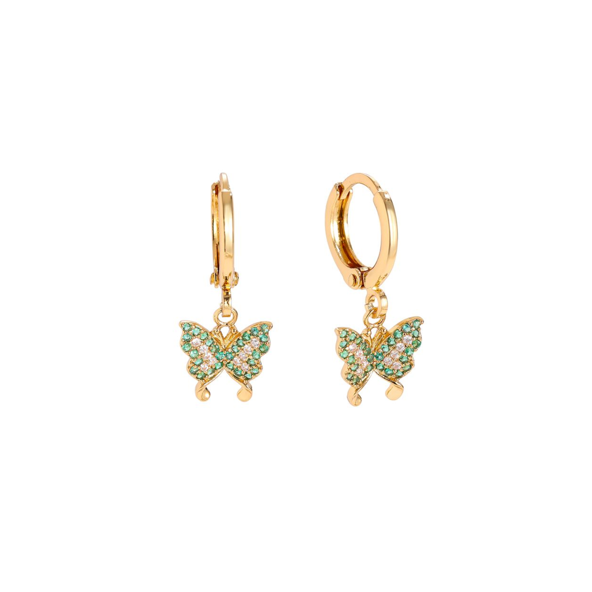 24 mm žali deimantiniai drugelio formos paauksuoti auskarai