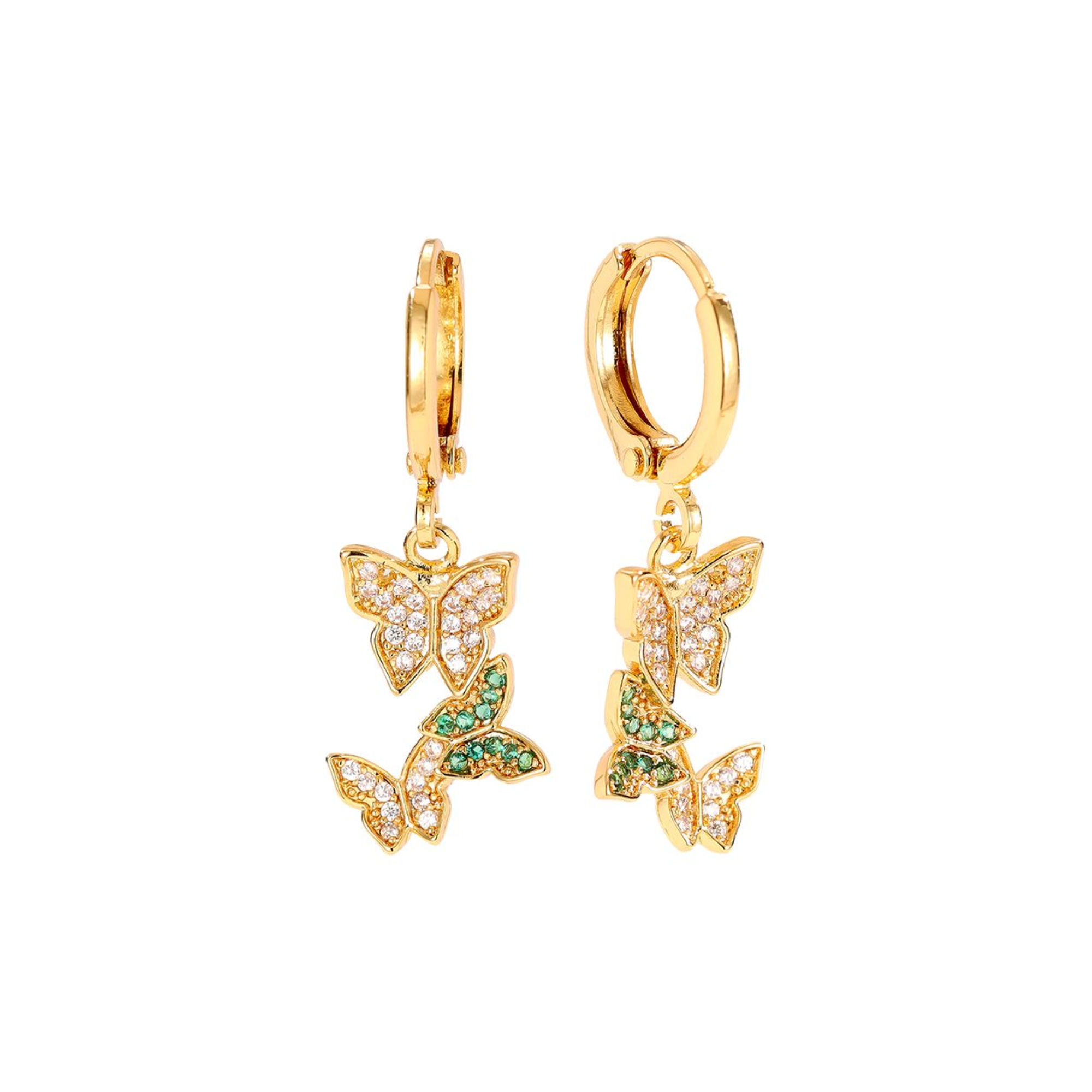 28 mm trijų deimantų drugelio formos paauksuoti auskarai