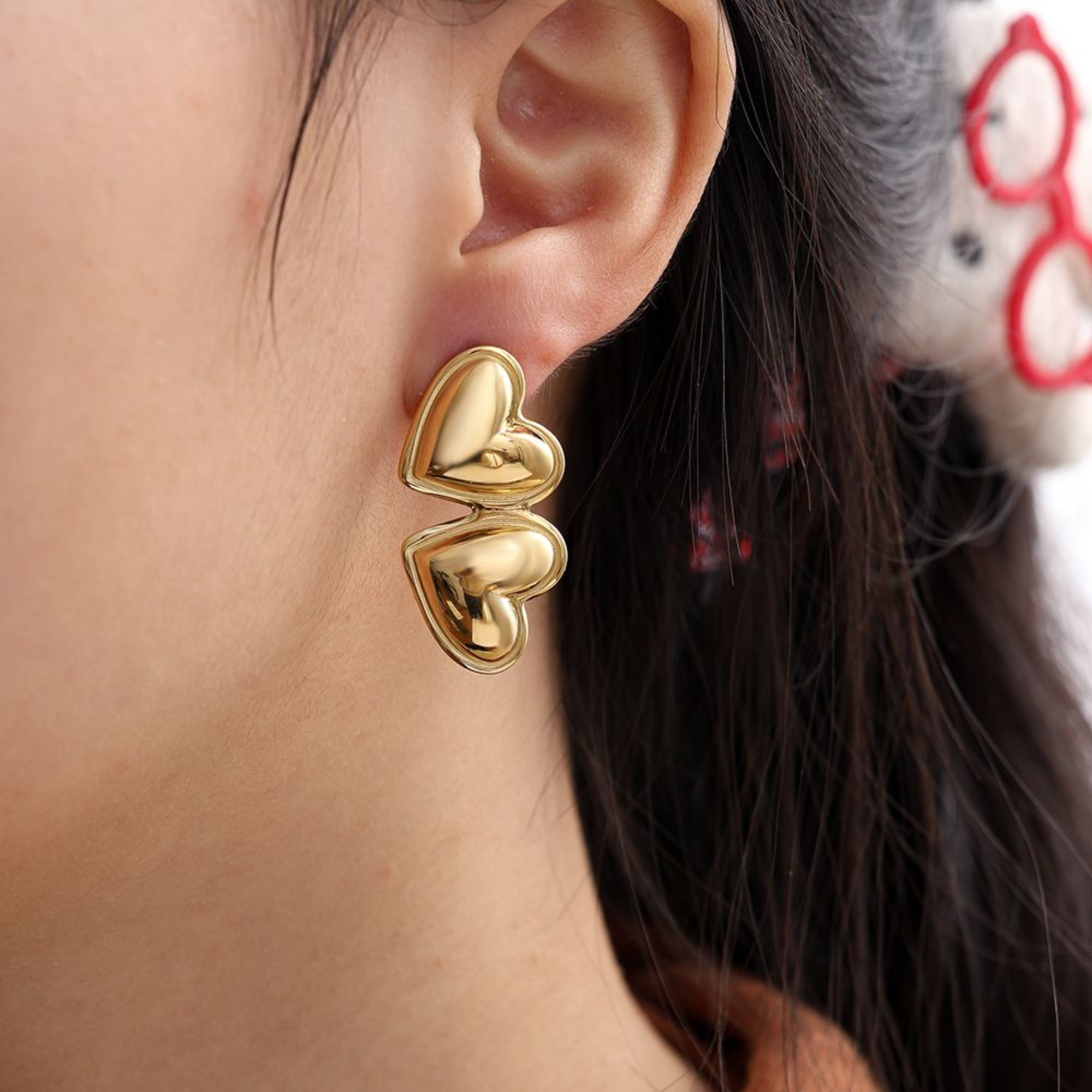 17 * 35 mm dviejų širdelių nerūdijančio plieno auskarai