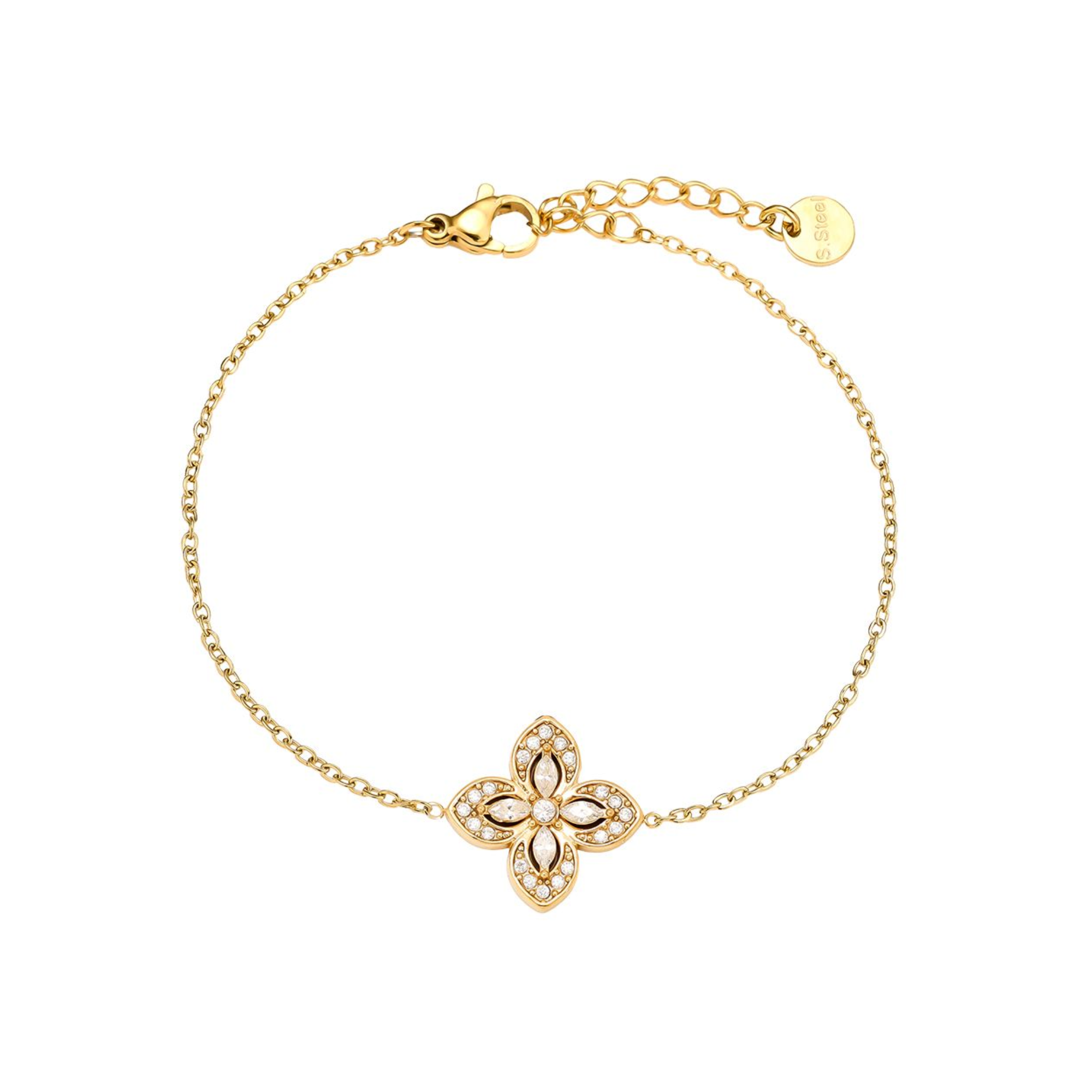 16 cm puošni deimantinė gėlės formos nerūdijančio plieno apyrankė