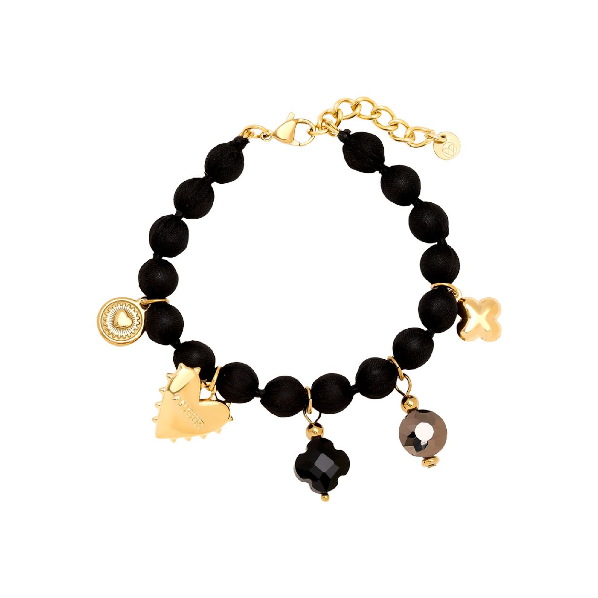 17 cm nerūdijančio plieno apyrankė su daugybe pakabukų juodoje grandinėlėje