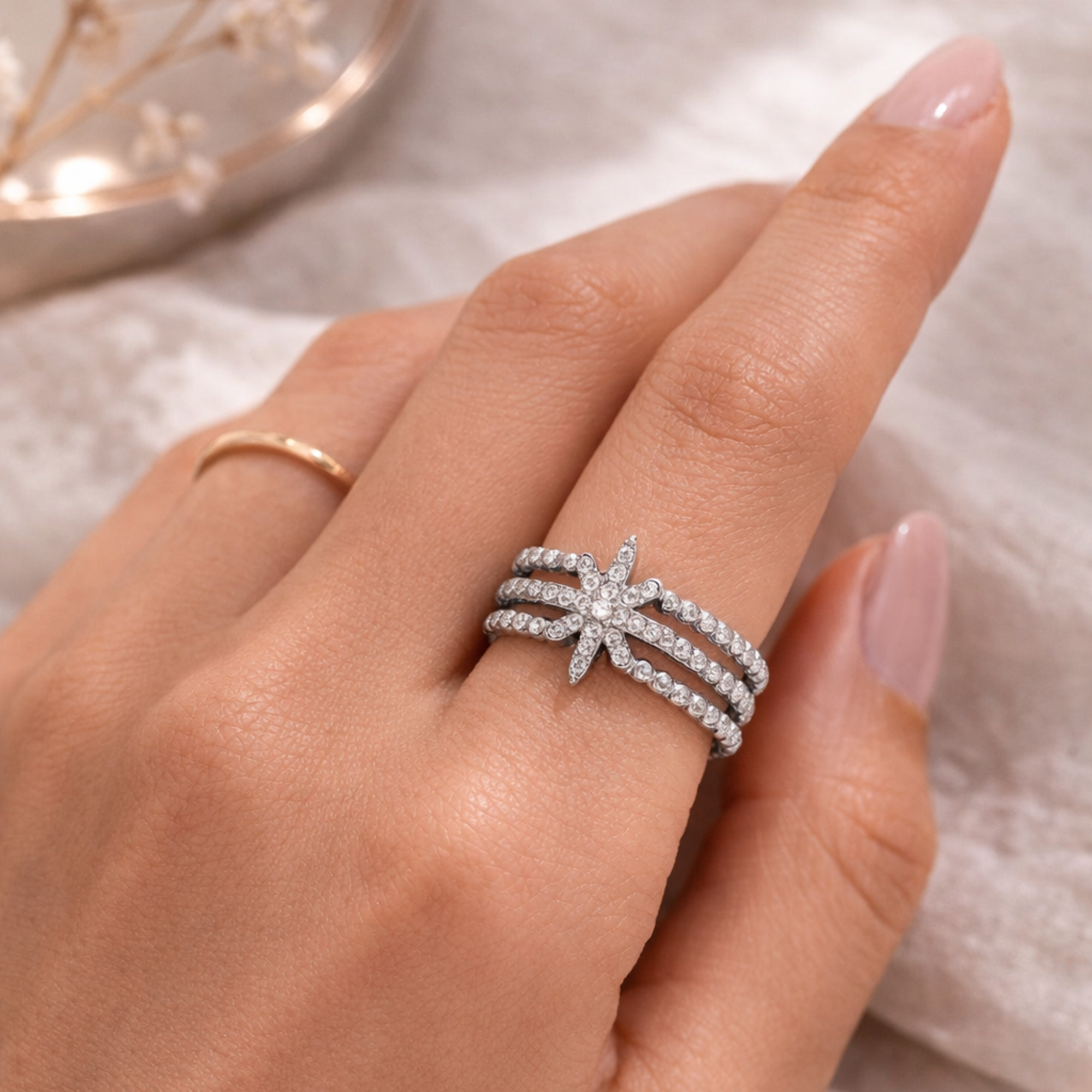 Diamond Star In Three Line Stainless Steel Ring-zoom-2