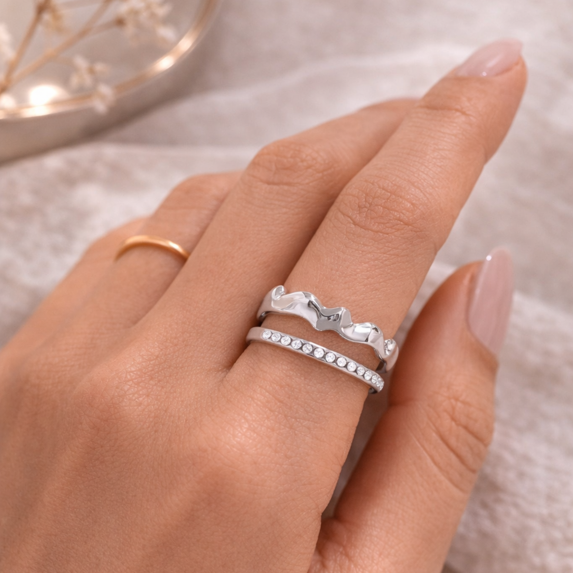 Fancy Two Layer Diamond Stainless Steel Ring-zoom-2